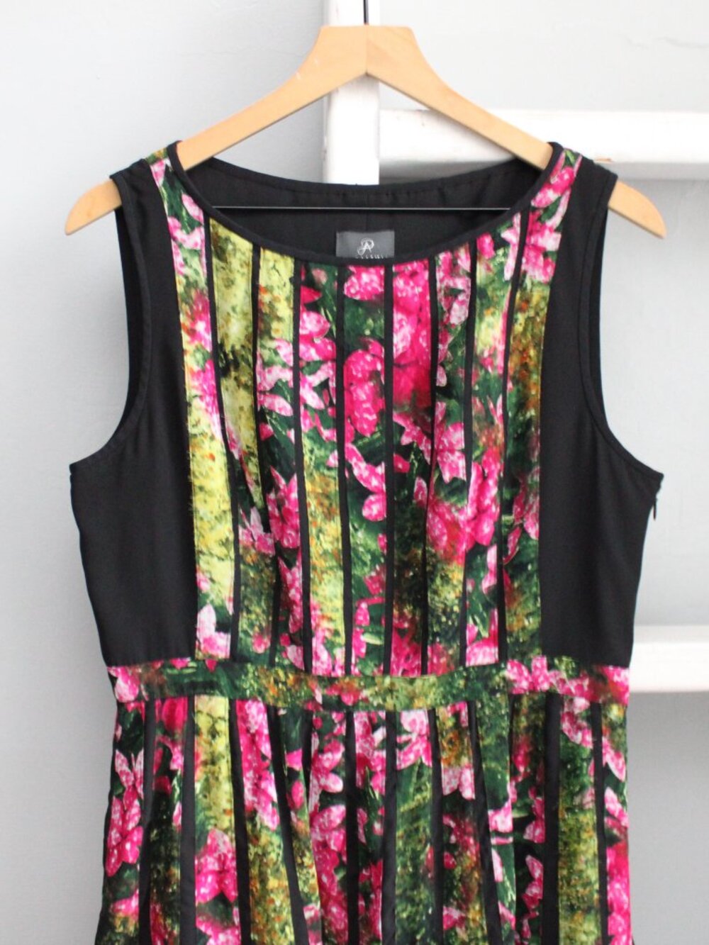 Adrianna Papell Black Pibk Pleated Fractured Floral-Print Midi Dress Size 12 - Picture 4 of 9